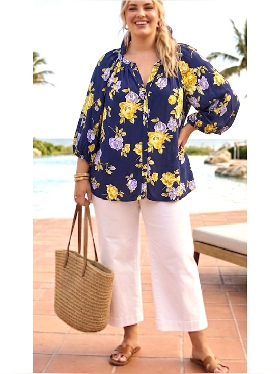 CeCe Tops - WOMEN PLUS FLORAL ROSES TOP 3X RAYON 3/4 SLEEVE ROMANTIC FEMININE SPLIT V NECK